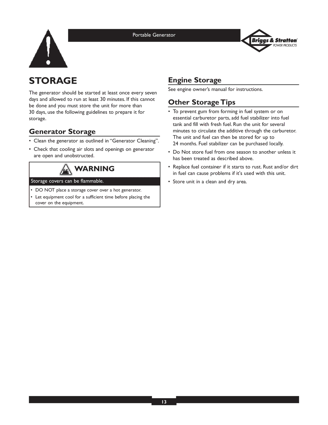 Briggs & Stratton 01654, 01653, 01892, 01893 owner manual Generator Storage, Engine Storage Other Storage Tips 