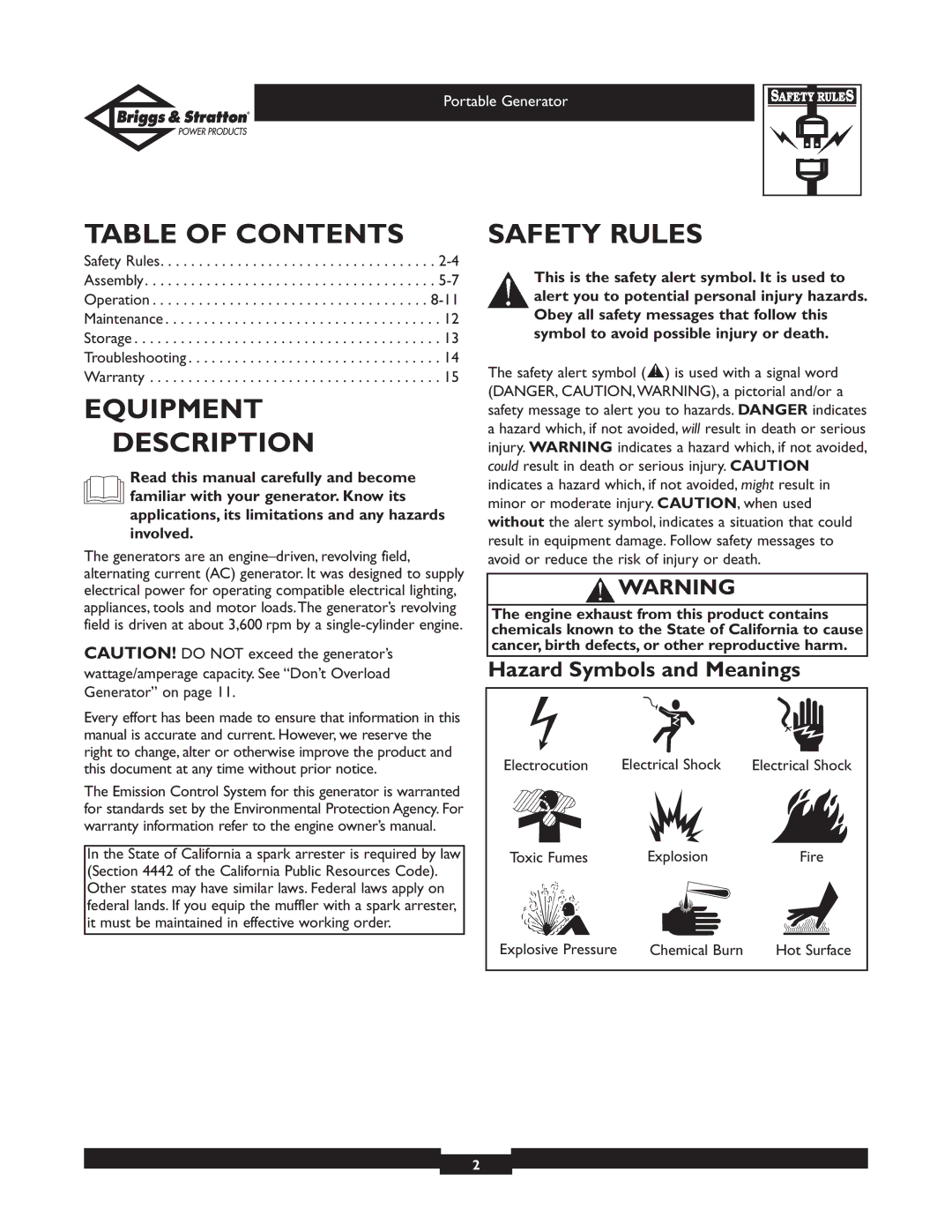 Briggs & Stratton 01653, 01654, 01892, 01893 owner manual Table of Contents, Equipment Description, Safety Rules 