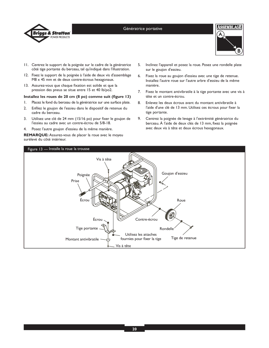 Briggs & Stratton 01653, 01654, 01892, 01893 owner manual Installez les roues de 20 cm 8 po comme suit figure 