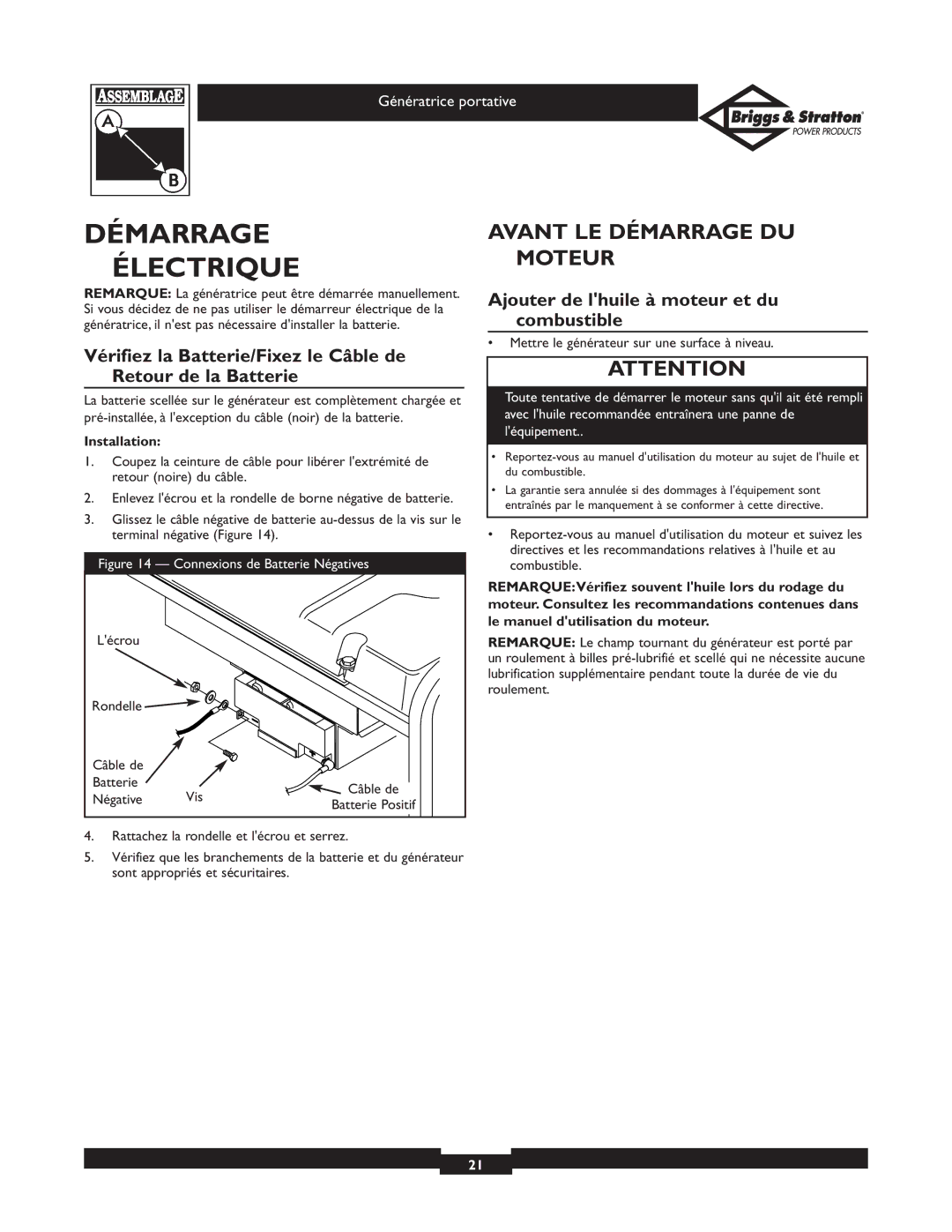 Briggs & Stratton 01653 Démarrage Électrique, Avant LE Démarrage DU Moteur, Ajouter de lhuile à moteur et du combustible 