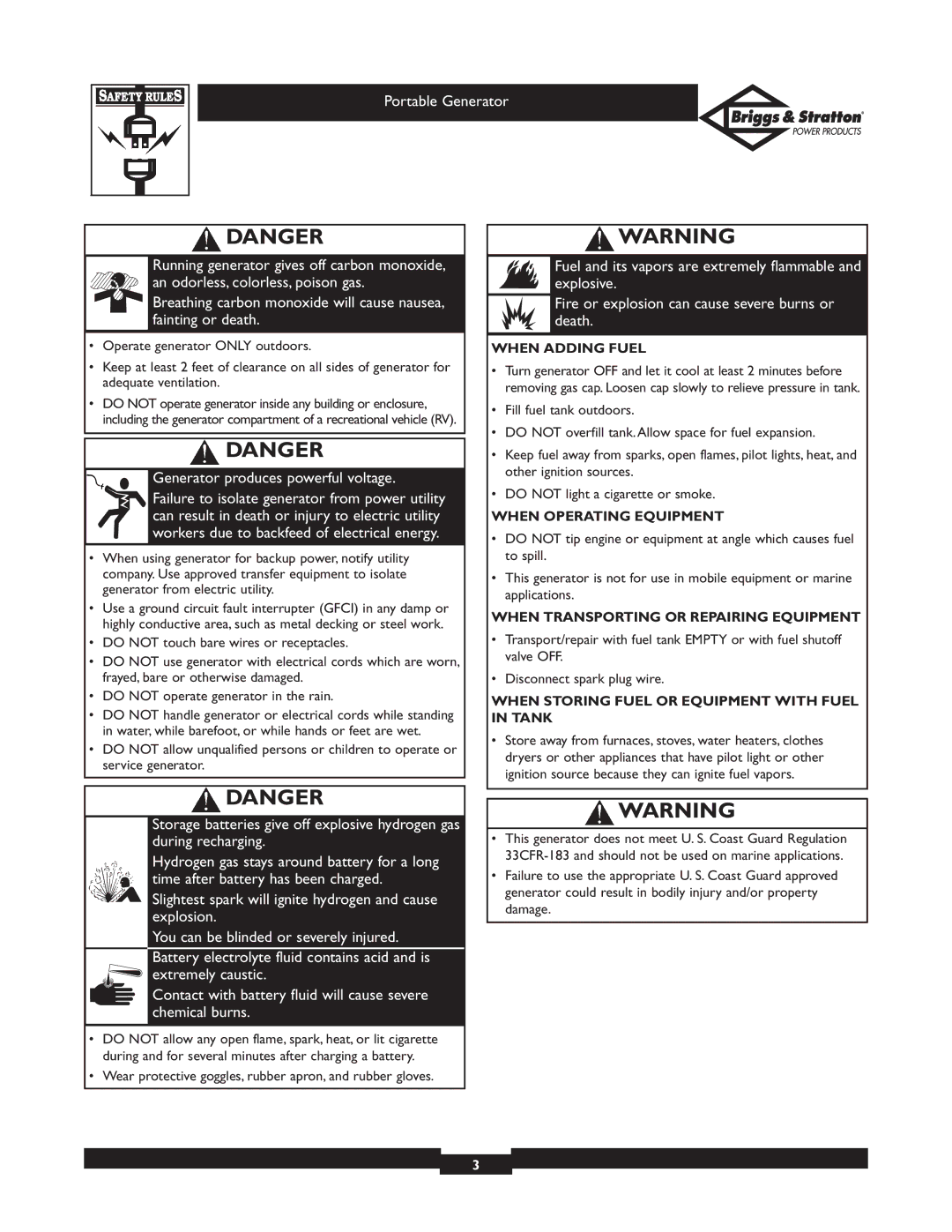 Briggs & Stratton 01653 owner manual When Adding Fuel, When Operating Equipment, When Transporting or Repairing Equipment 