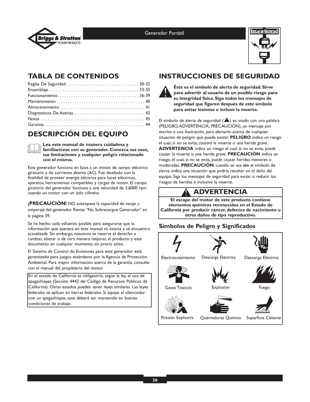 Briggs & Stratton 01653 owner manual Tabla DE Contenidos, Descripción DEL Equipo, Instrucciones DE Seguridad, Advertencia 