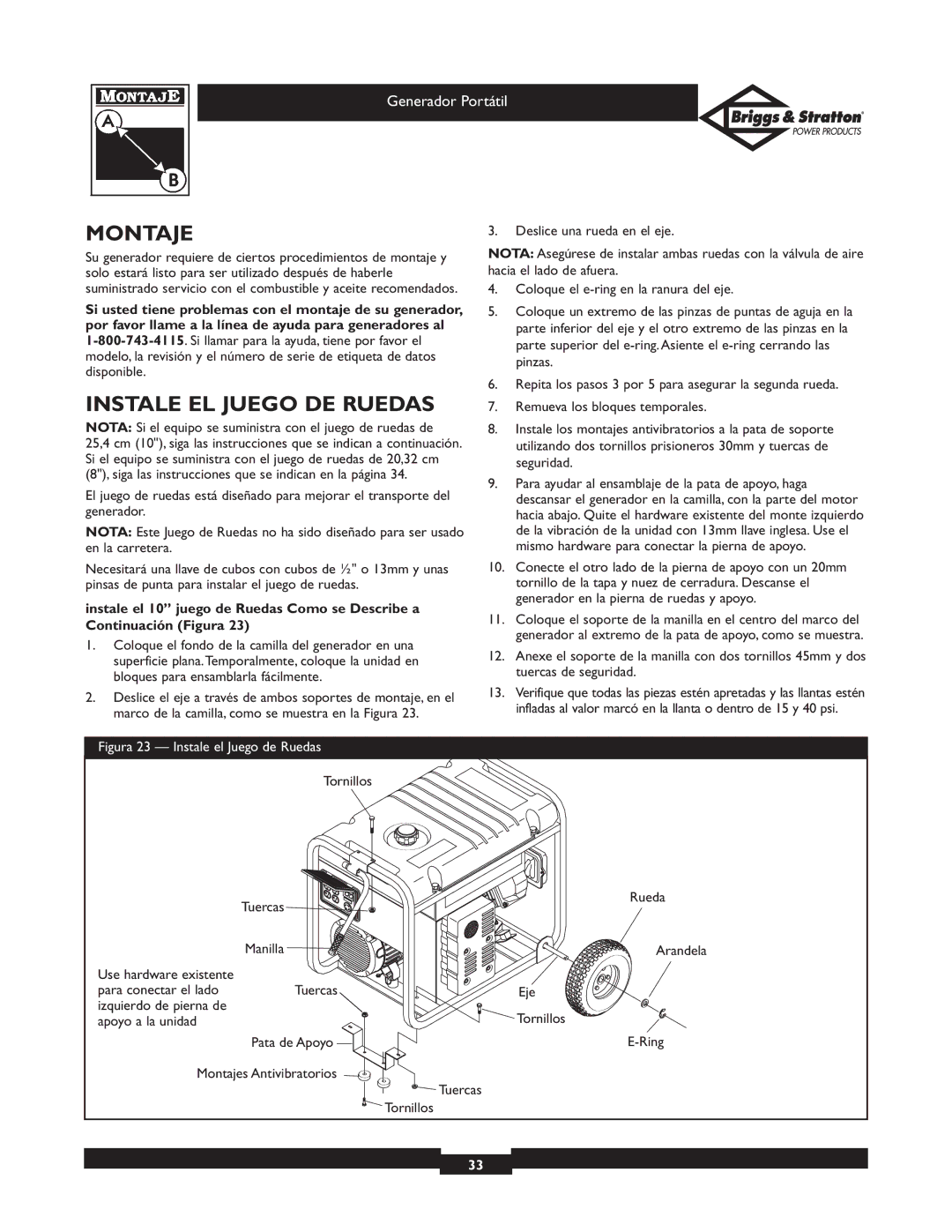 Briggs & Stratton 01654, 01653, 01892, 01893, 01653, 01654, 01892, 01893 owner manual Montaje, Instale EL Juego DE Ruedas 