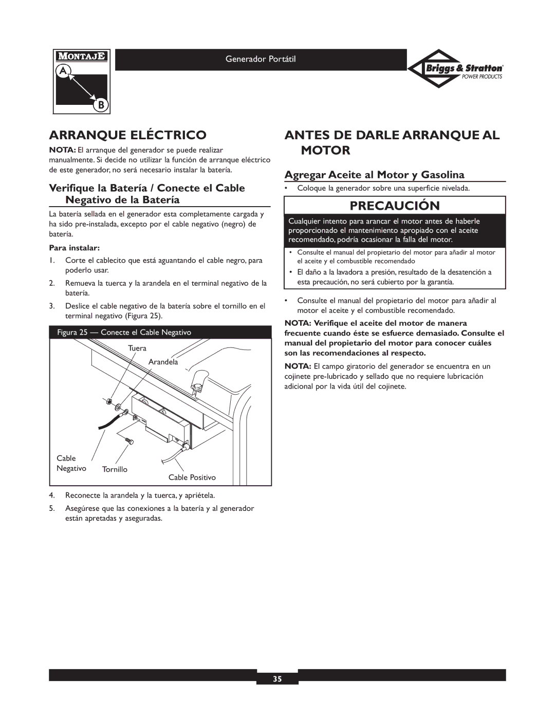 Briggs & Stratton 01653, 01654, 01892, 01893 Arranque Eléctrico, Antes DE Darle Arranque AL Motor, Para instalar 