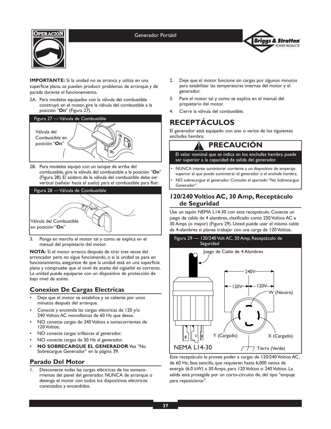 Briggs & Stratton 01654, 01653, 01892, 01893 owner manual Receptáculos, Conexion De Cargas Electricas, Parado Del Motor 