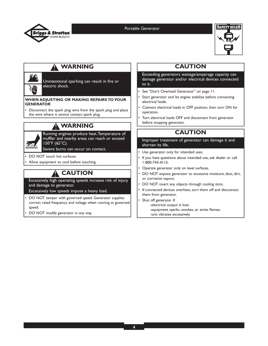 Briggs & Stratton 01654, 01653, 01892, 01893 owner manual When Adjusting or Making Repairs to Your Generator 