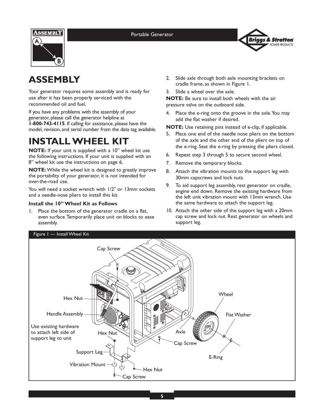 Briggs & Stratton 01653, 01654, 01892, 01893 owner manual Assembly, Install Wheel KIT, Install the 10 Wheel Kit as Follows 