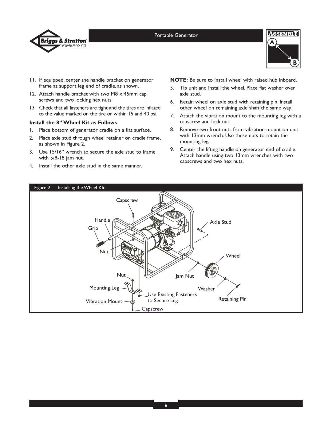 Briggs & Stratton 01654, 01653, 01892, 01893 owner manual Install the 8 Wheel Kit as Follows, Installing the Wheel Kit 