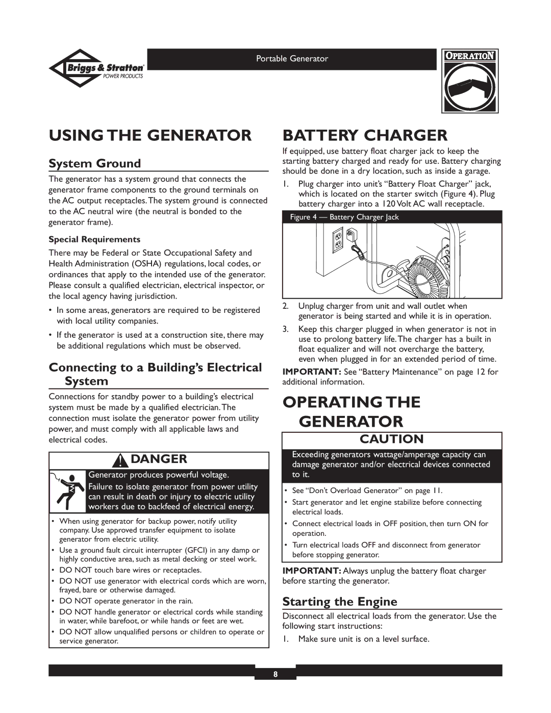 Briggs & Stratton 01653, 01654, 01892, 01893 owner manual Using the Generator, Battery Charger, Operating Generator 