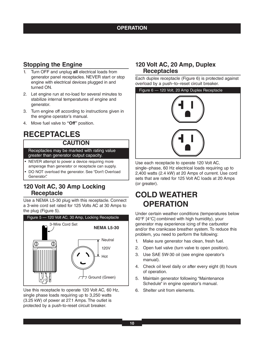 Briggs & Stratton 01653-4 Receptacles, Cold Weather Operation, Stopping the Engine, Volt AC, 30 Amp Locking Receptacle 