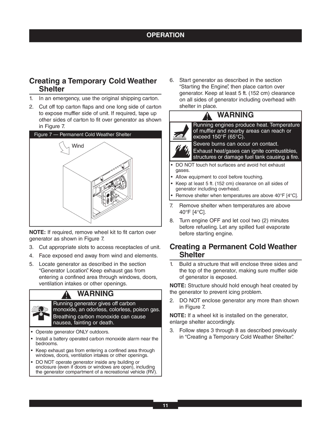 Briggs & Stratton 01653-4 Creating a Temporary Cold Weather Shelter, Creating a Permanent Cold Weather Shelter 