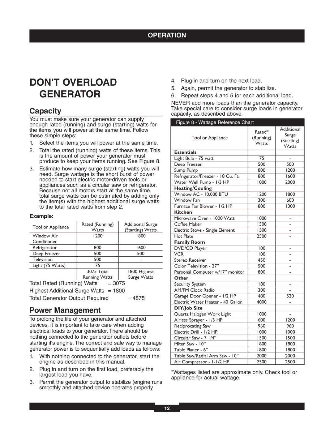 Briggs & Stratton 01653-4 manuel dutilisation Dont Overload Generator, Capacity, Power Management, Example 