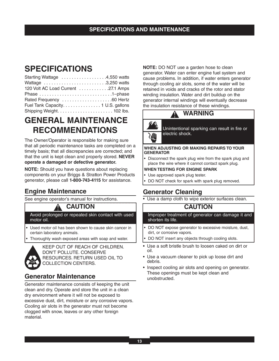 Briggs & Stratton 01653-4 Specifications, General Maintenance Recommendations, Engine Maintenance, Generator Maintenance 