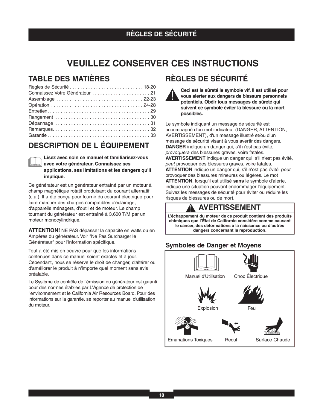 Briggs & Stratton 01653-4 Table DES Matières, Description DE L Équipement, Règles DE Sécurité, Avertissement 