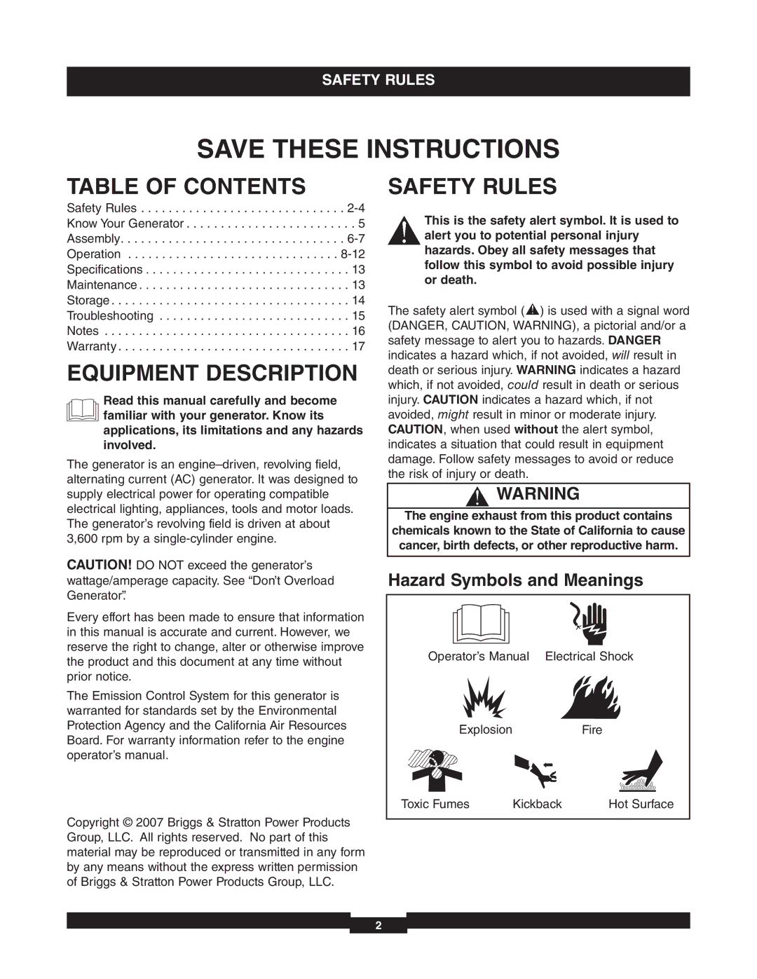 Briggs & Stratton 01653-4 manuel dutilisation Table of Contents, Equipment Description, Safety Rules 