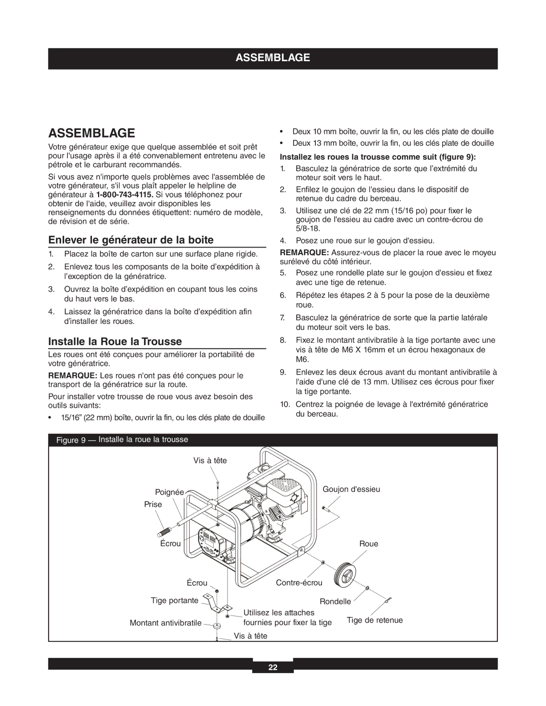 Briggs & Stratton 01653-4 manuel dutilisation Assemblage, Enlever le générateur de la boite, Installe la Roue la Trousse 