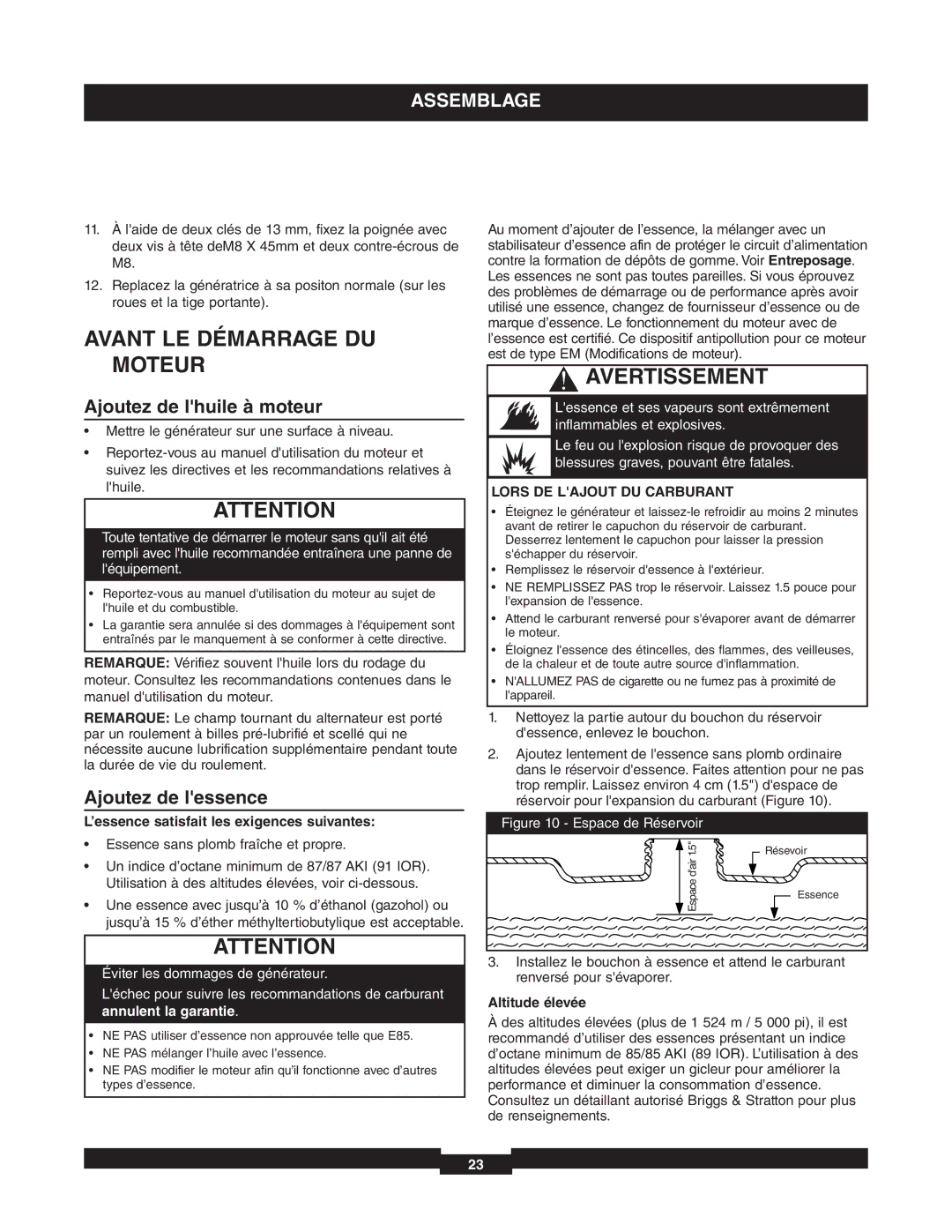 Briggs & Stratton 01653-4 manuel dutilisation Avant LE Démarrage DU Moteur, Ajoutez de lhuile à moteur, Ajoutez de lessence 