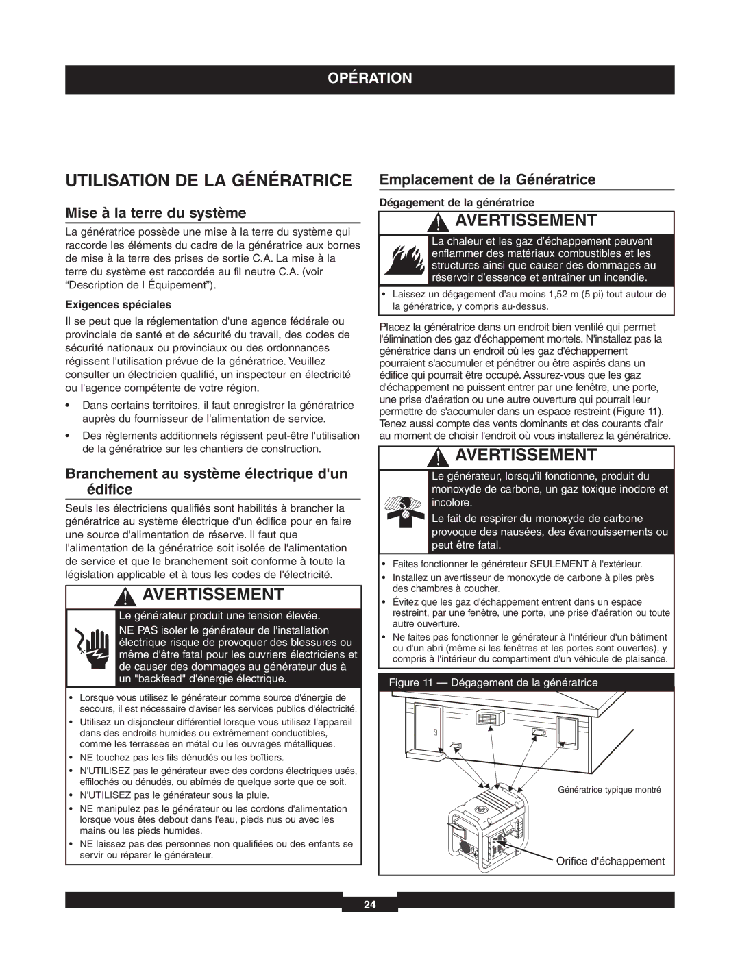 Briggs & Stratton 01653-4 Utilisation DE LA Génératrice, Mise à la terre du système, Emplacement de la Génératrice 