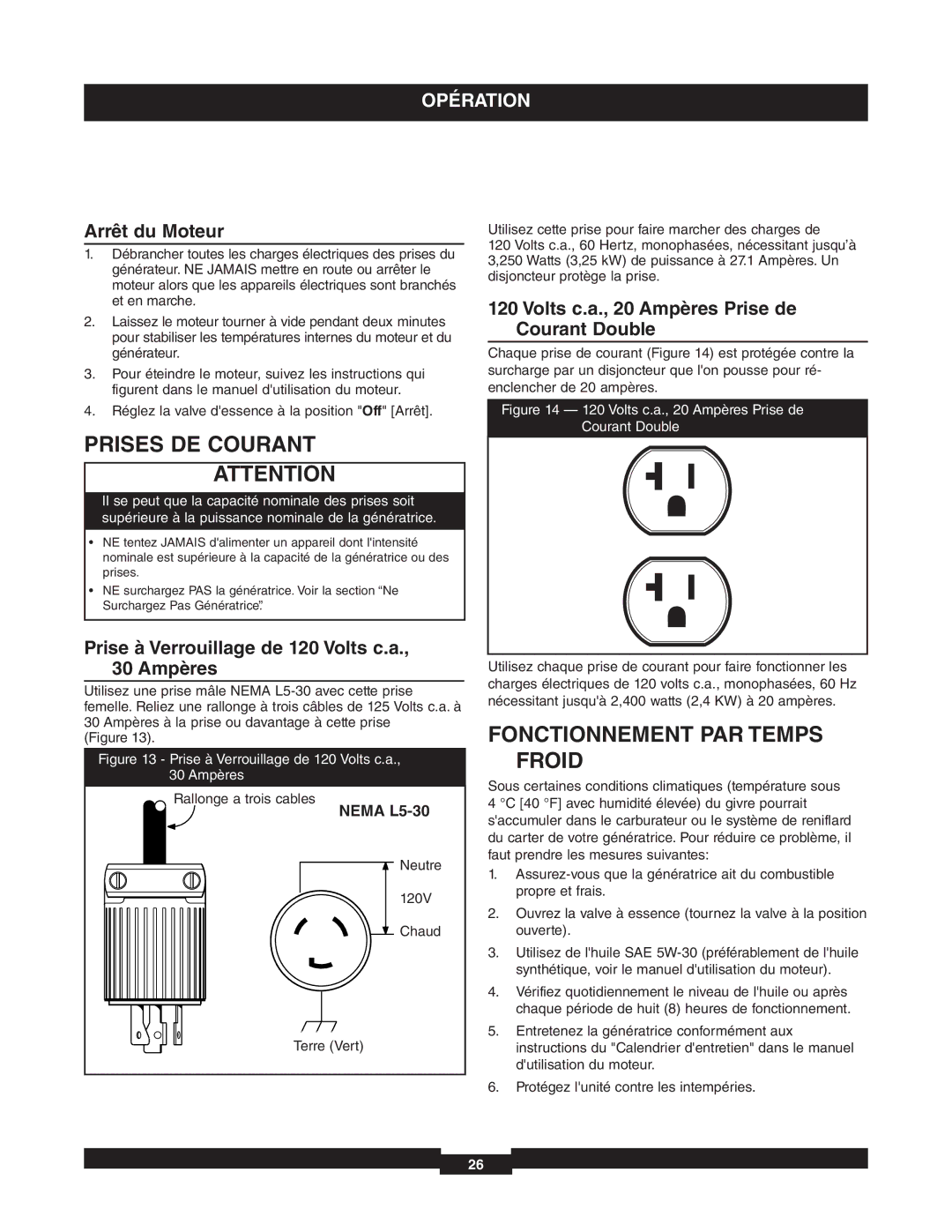 Briggs & Stratton 01653-4 manuel dutilisation Prises DE Courant, Fonctionnement PAR Temps Froid, Arrêt du Moteur 