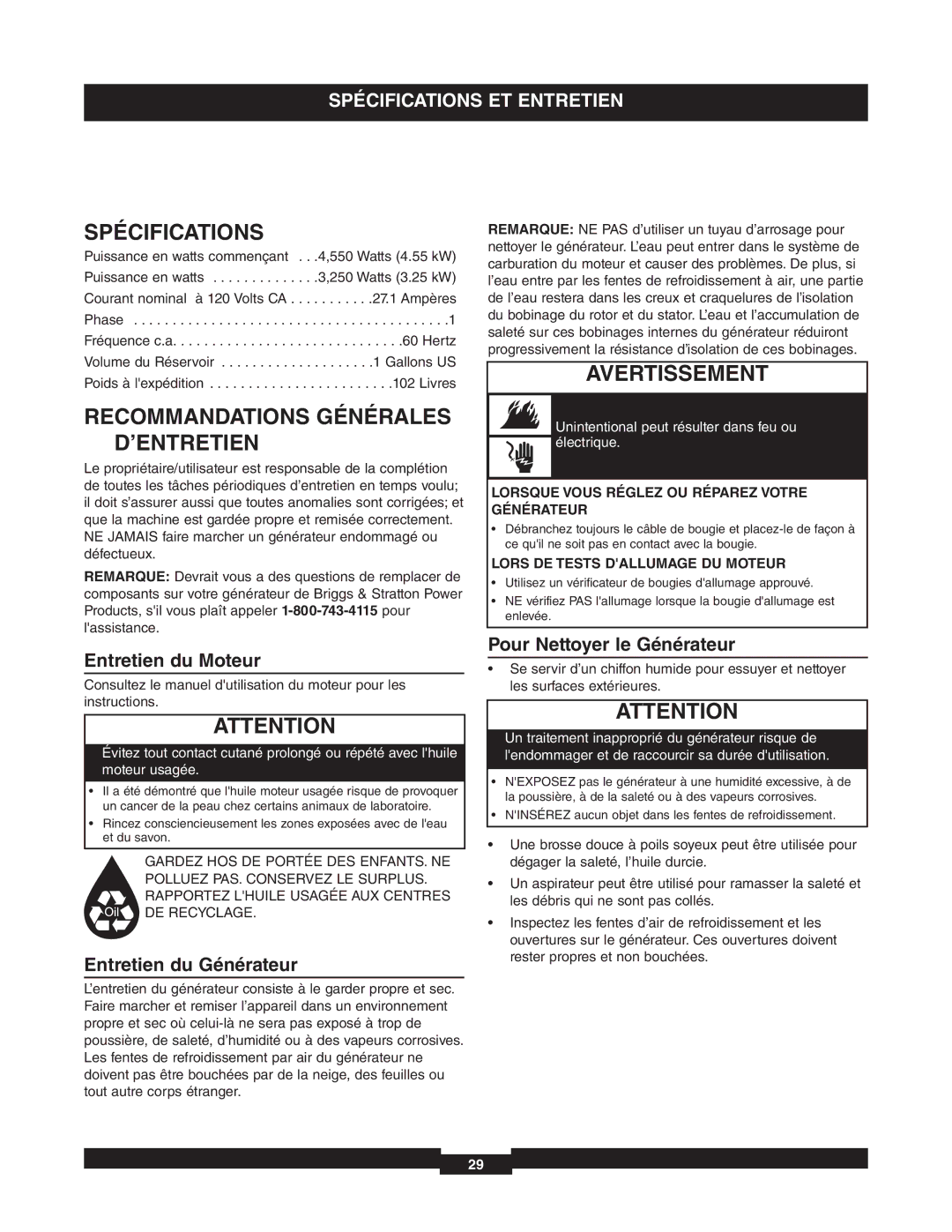 Briggs & Stratton 01653-4 manuel dutilisation Spécifications, Recommandations Générales D’ENTRETIEN, Entretien du Moteur 