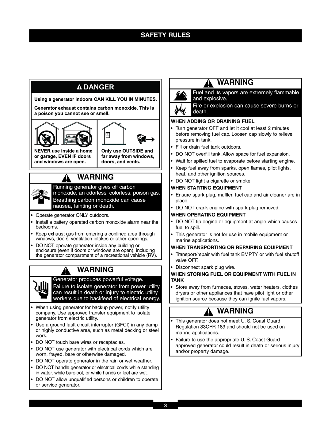 Briggs & Stratton 01653-4 When Adding or Draining Fuel, When Starting Equipment, When Operating Equipment 