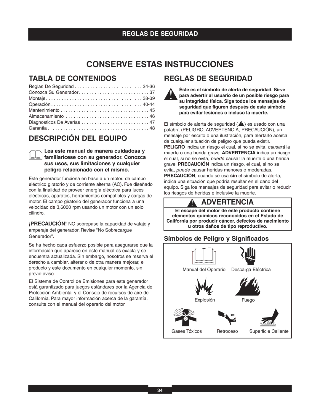 Briggs & Stratton 01653-4 manuel dutilisation Tabla DE Contenidos, Descripción DEL Equipo, Reglas DE Seguridad, Advertencia 