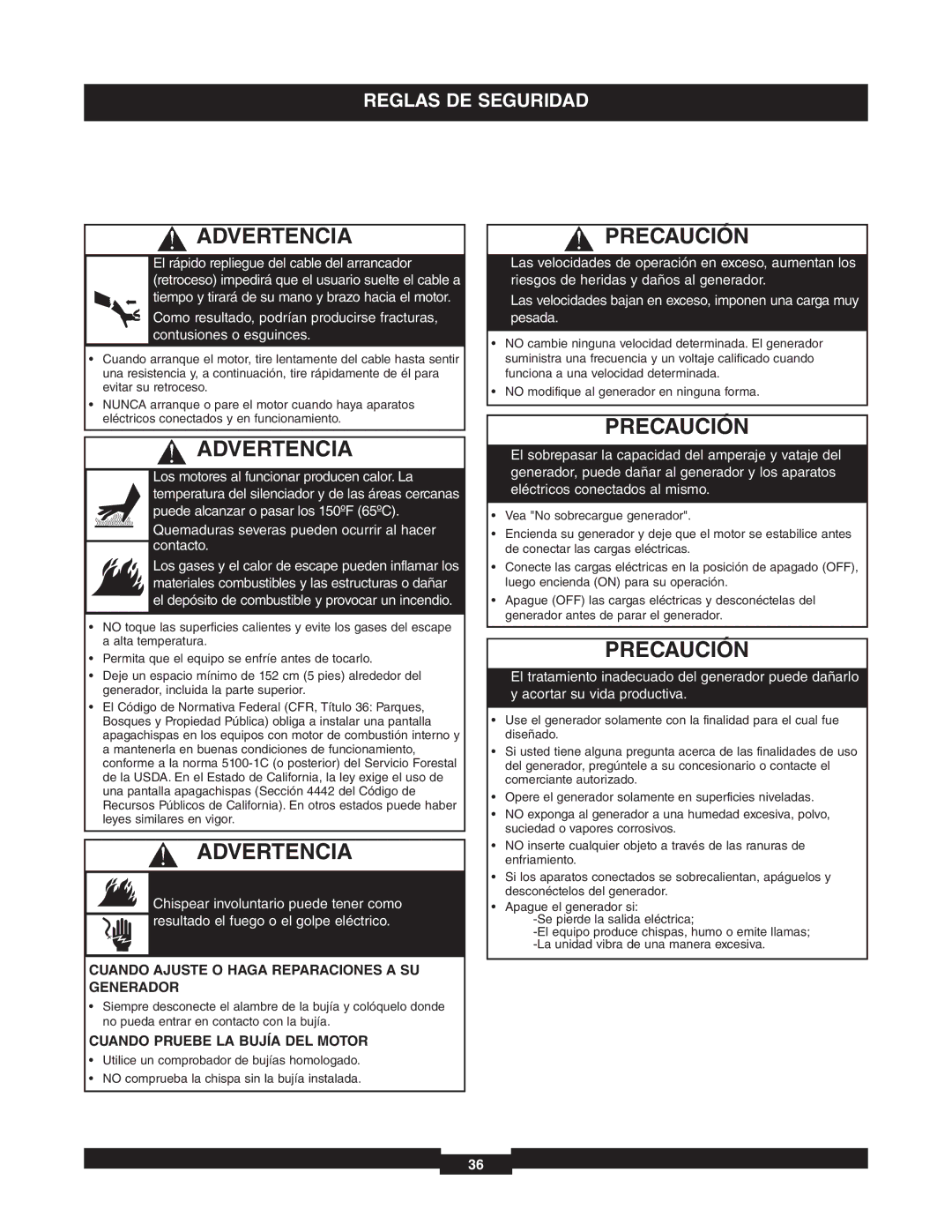 Briggs & Stratton 01653-4 Precaución, Cuando Ajuste O Haga Reparaciones a SU Generador, Cuando Pruebe LA Bujía DEL Motor 