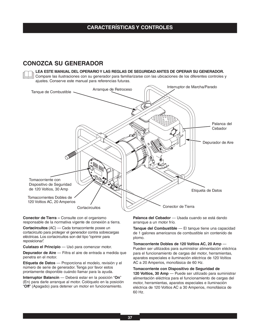 Briggs & Stratton 01653-4 manuel dutilisation Conozca SU Generador, Cortacircuitos Etiqueta de Datos Conector de Tierra 