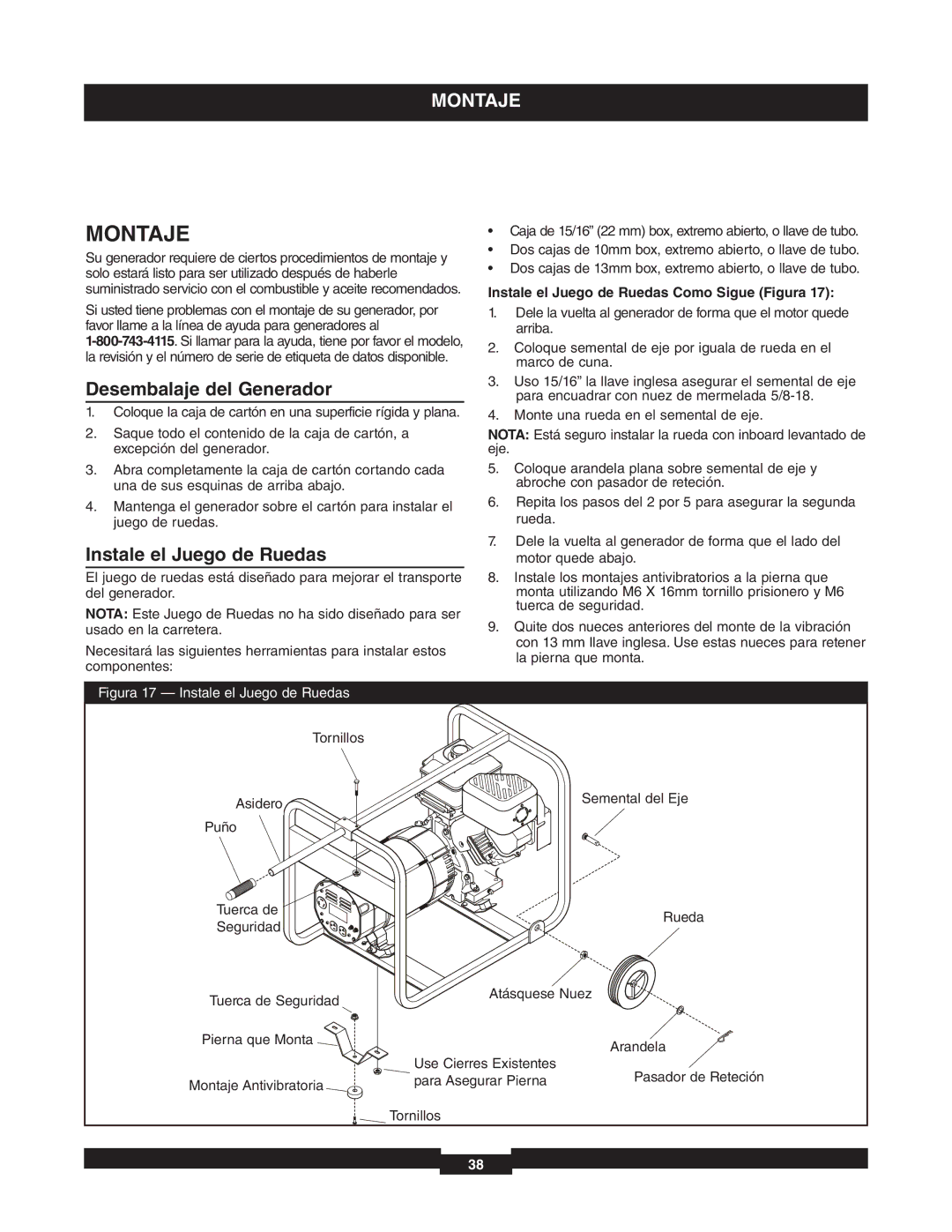 Briggs & Stratton 01653-4 manuel dutilisation Montaje, Desembalaje del Generador, Instale el Juego de Ruedas 