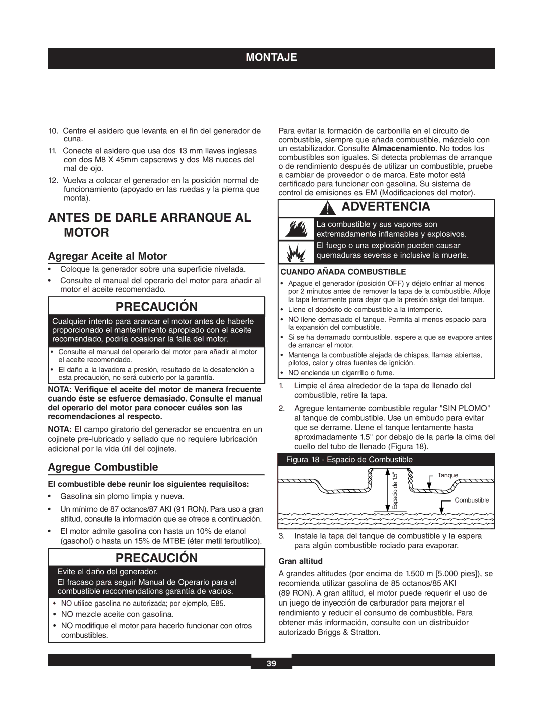 Briggs & Stratton 01653-4 Antes DE Darle Arranque AL Motor, Agregar Aceite al Motor, Agregue Combustible 