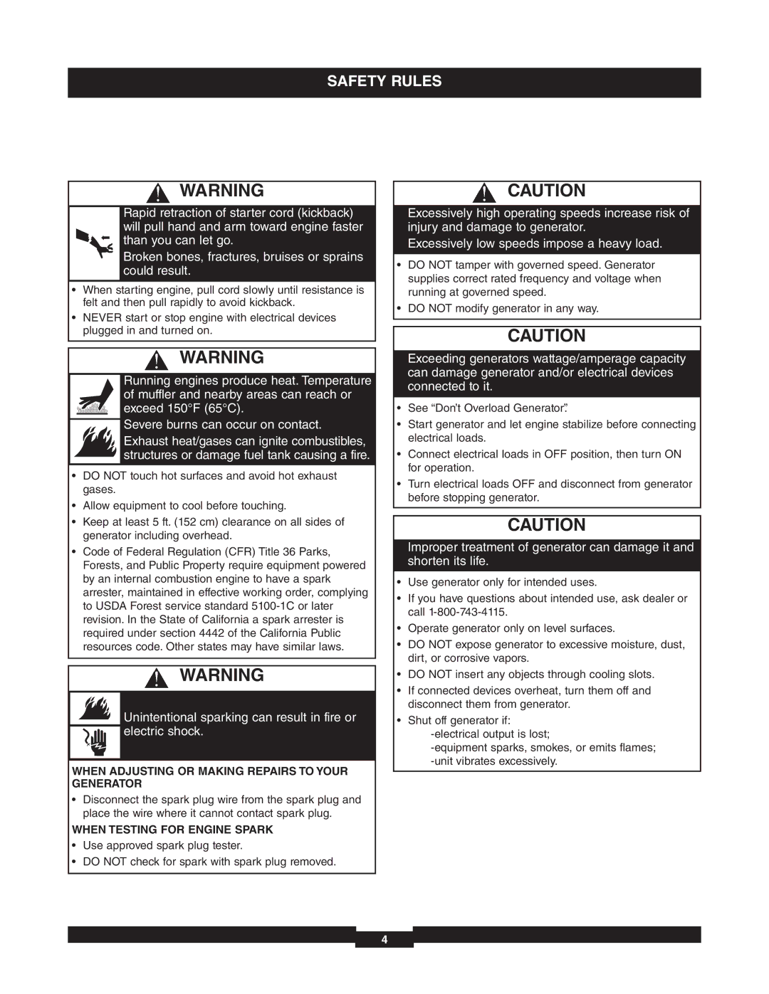 Briggs & Stratton 01653-4 When Adjusting or Making Repairs to Your Generator, When Testing for Engine Spark 