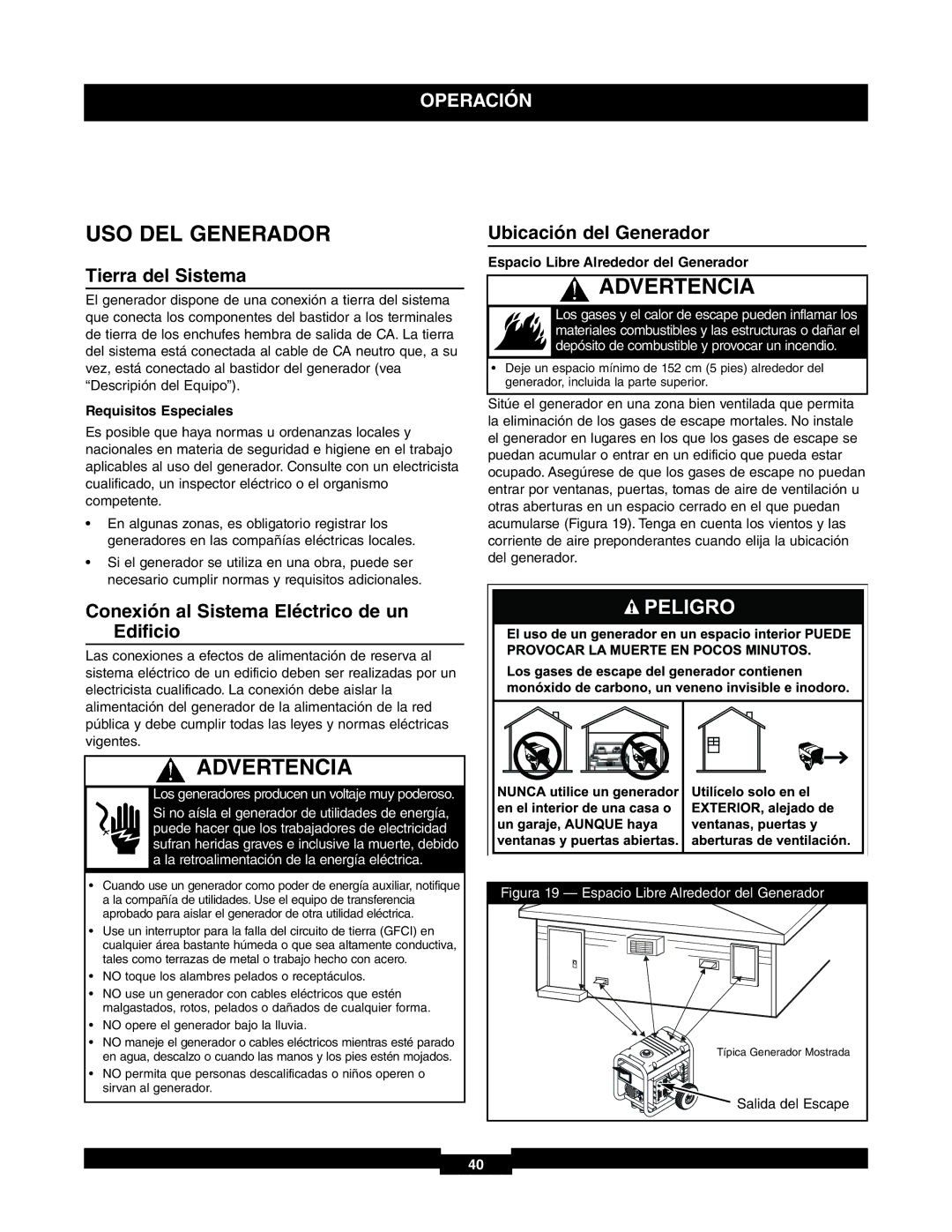 Briggs & Stratton 01653-4 manuel dutilisation USO DEL Generador, Tierra del Sistema, Ubicación del Generador 