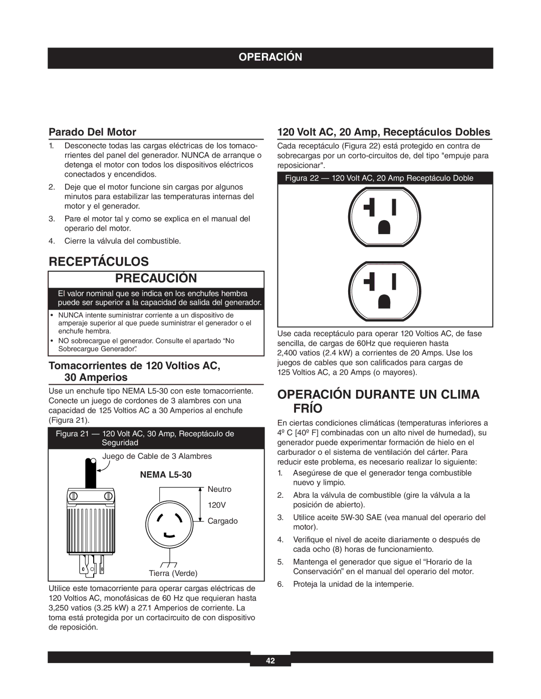 Briggs & Stratton 01653-4 manuel dutilisation Receptáculos Precaución, Operación Durante UN Clima Frío, Parado Del Motor 