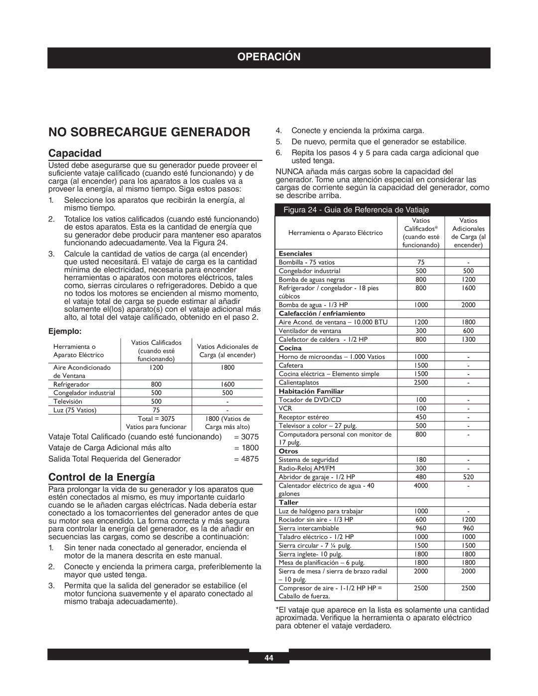 Briggs & Stratton 01653-4 manuel dutilisation No Sobrecargue Generador, Capacidad, Control de la Energía, Ejemplo 