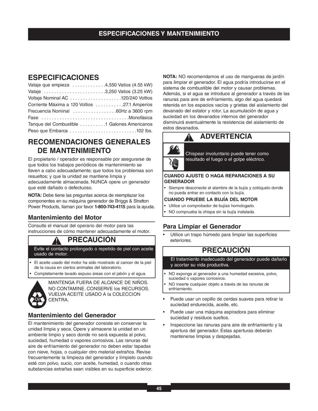 Briggs & Stratton 01653-4 manuel dutilisation Especificaciones, Mantenimiento del Motor, Mantenimiento del Generador 