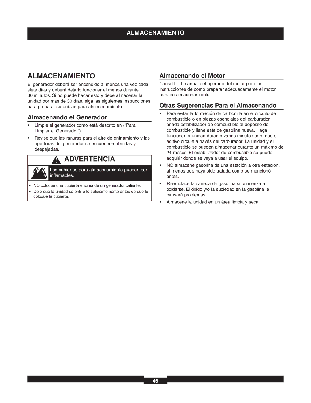 Briggs & Stratton 01653-4 manuel dutilisation Almacenamiento, Almacenando el Generador, Almacenando el Motor 