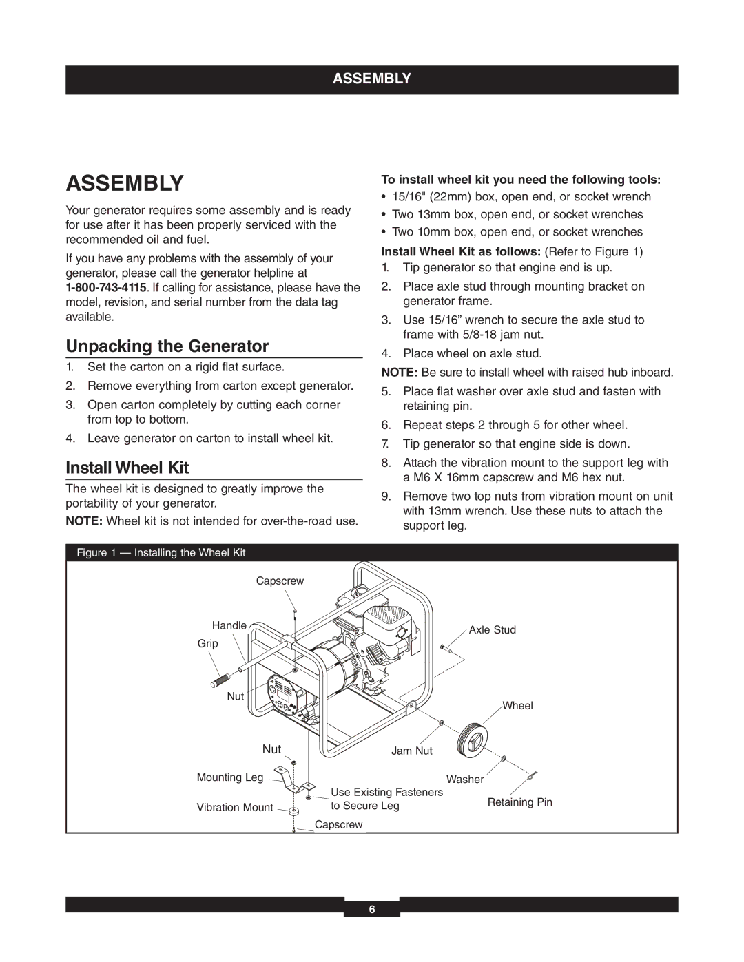 Briggs & Stratton 01653-4 manuel dutilisation Assembly, Unpacking the Generator, Install Wheel Kit 