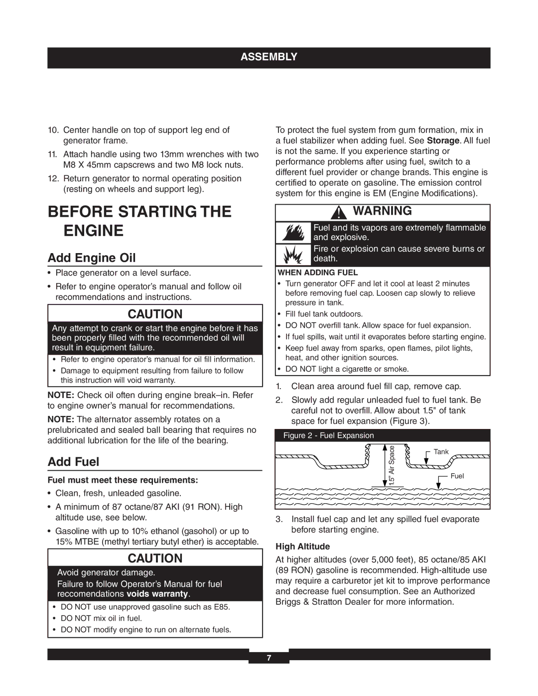 Briggs & Stratton 01653-4 Before Starting the Engine, Add Engine Oil, Add Fuel, Fuel must meet these requirements 