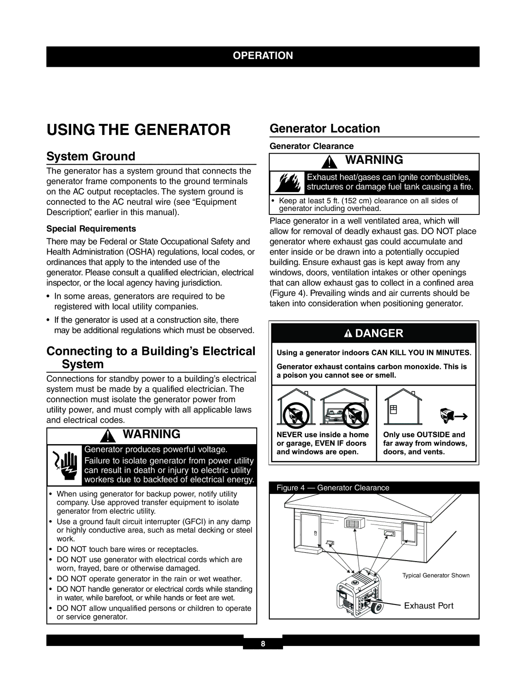 Briggs & Stratton 01653-4 Using the Generator, System Ground, Connecting to a Building’s Electrical System 