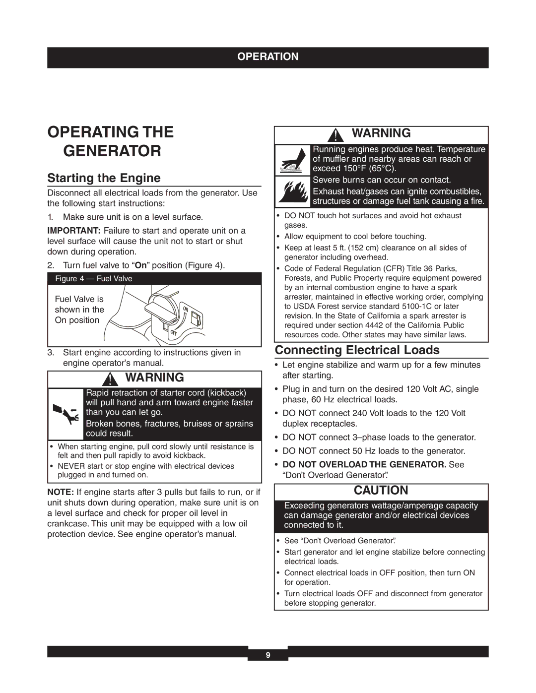 Briggs & Stratton 01653-4 manuel dutilisation Operating Generator, Starting the Engine, Connecting Electrical Loads 