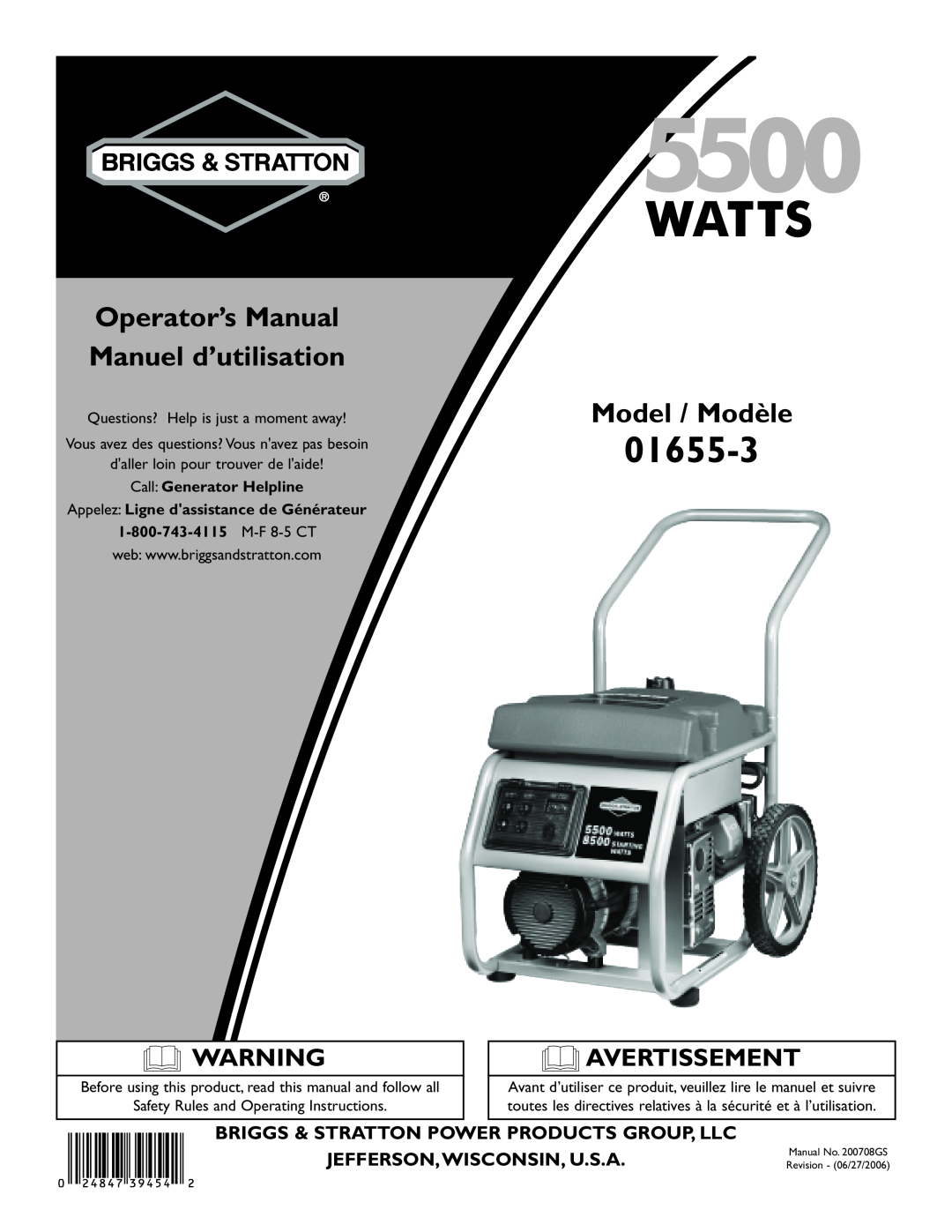 Briggs & Stratton 01655-3 manuel dutilisation Operator’s Manual Manuel d’utilisation, Model / Modèle, Avertissement 