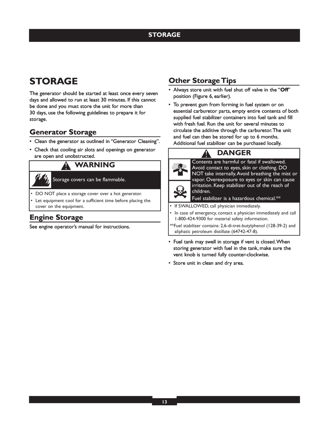 Briggs & Stratton 01655-3 manuel dutilisation Generator Storage, Engine Storage, Other Storage Tips, Danger 