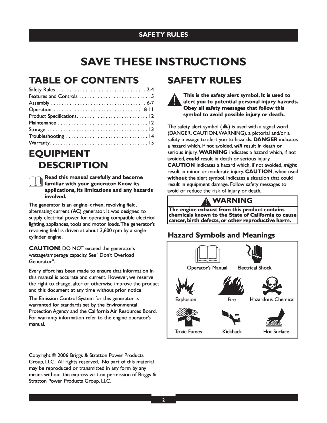 Briggs & Stratton 01655-3 Table Of Contents, Equipment Description, Safety Rules, Hazard Symbols and Meanings 