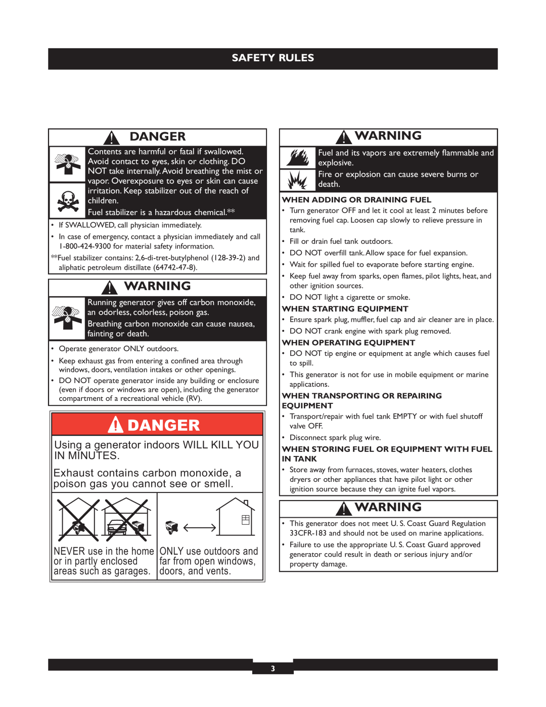 Briggs & Stratton 01655-3 Danger, Exhaust contains carbon monoxide, a, poison gas you cannot see or smell, Safety Rules 
