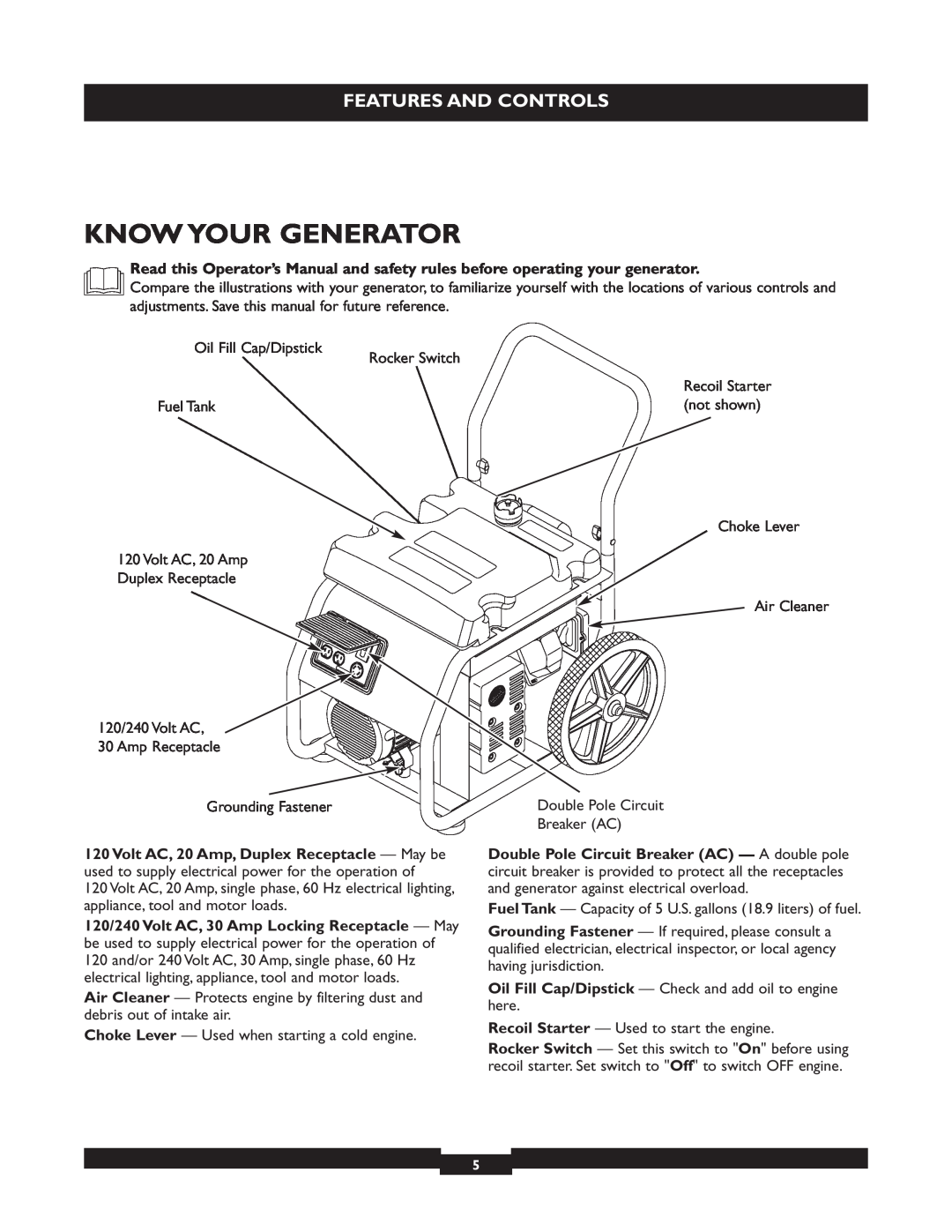 Briggs & Stratton 01655-3 manuel dutilisation Know Your Generator, Features And Controls 