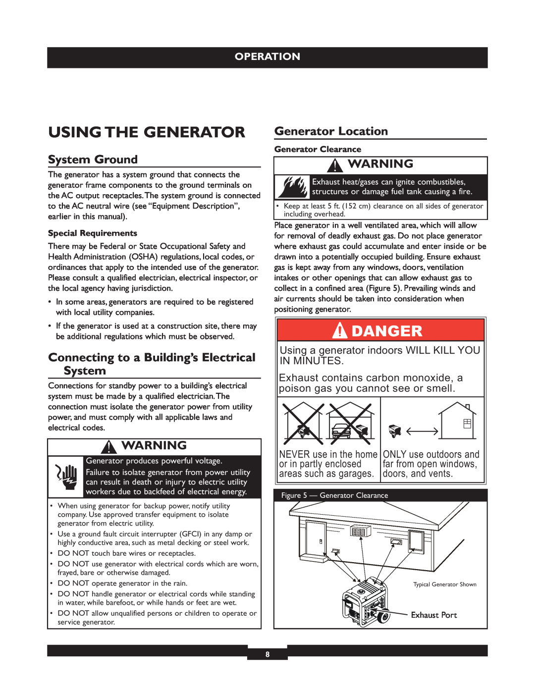Briggs & Stratton 01655-3 Using The Generator, System Ground, Connecting to a Building’s Electrical System, Operation 