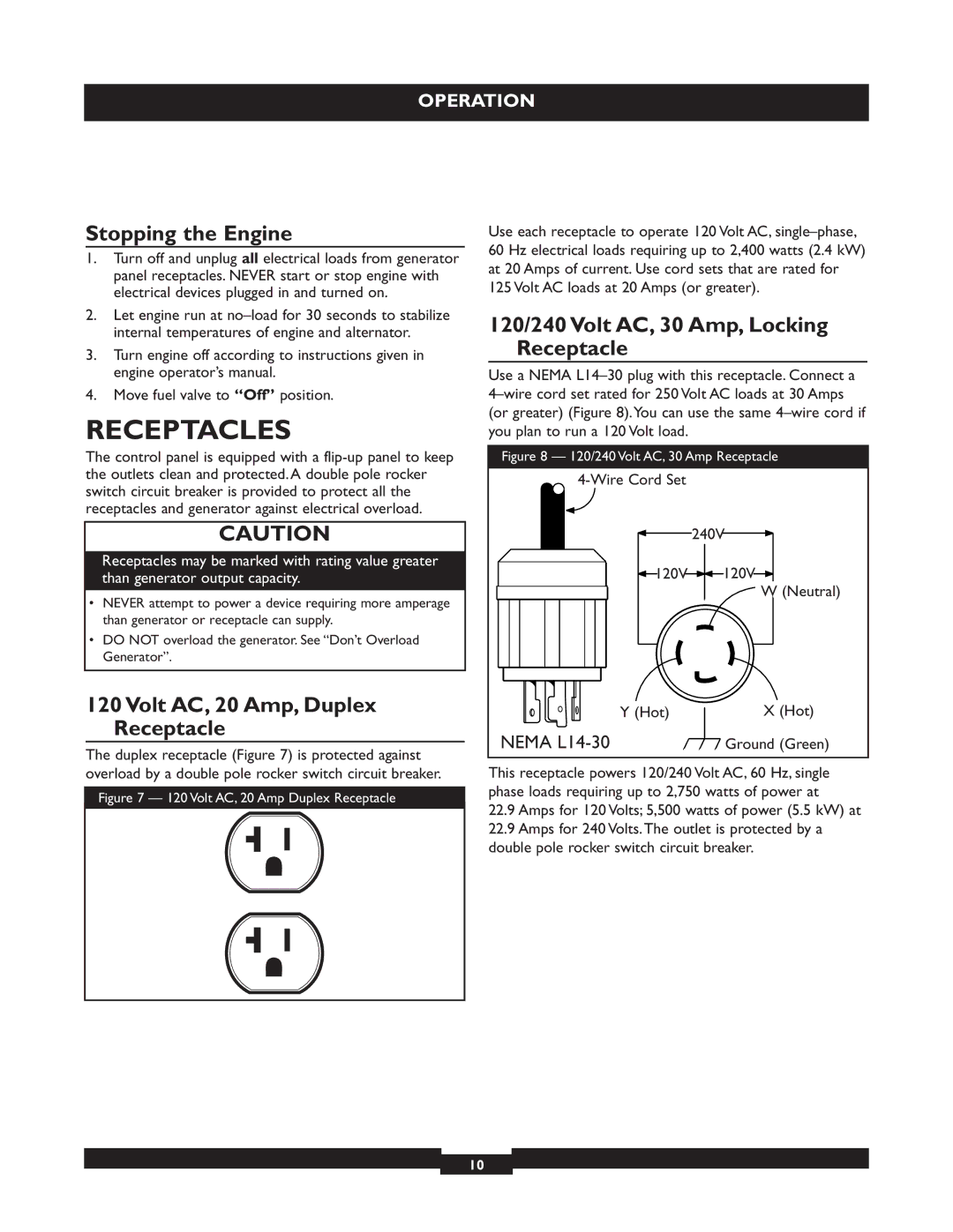 Briggs & Stratton 01655-3 manuel dutilisation Receptacles, Stopping the Engine, Volt AC, 20 Amp, Duplex Receptacle 