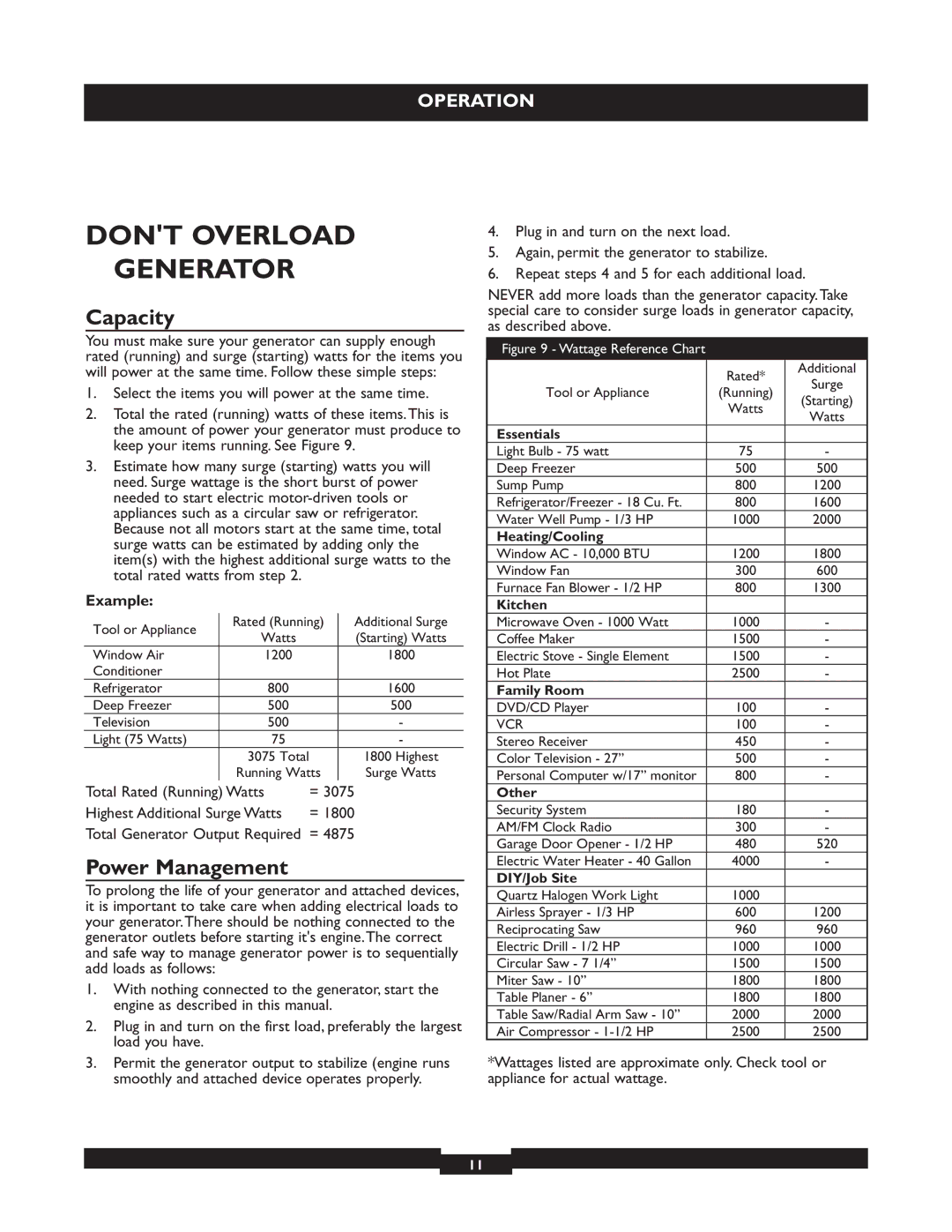 Briggs & Stratton 01655-3 manuel dutilisation Dont Overload Generator, Capacity, Power Management, Example 