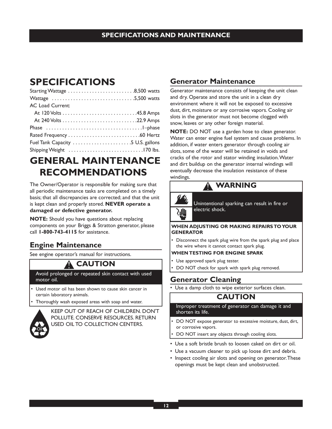 Briggs & Stratton 01655-3 Specifications, General Maintenance Recommendations, Engine Maintenance, Generator Maintenance 