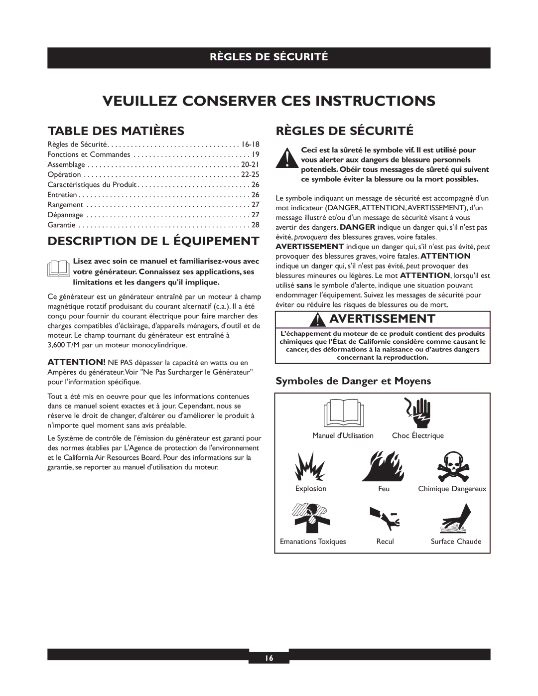 Briggs & Stratton 01655-3 Table DES Matières, Description DE L Équipement, Règles DE Sécurité, Avertissement 